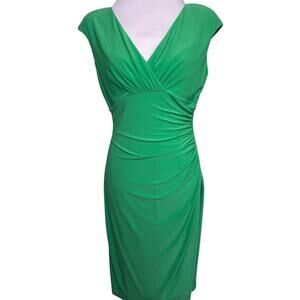 Lauren Ralph Lauren Green Cap Sleeve Ruched V Neck Dress Size 10